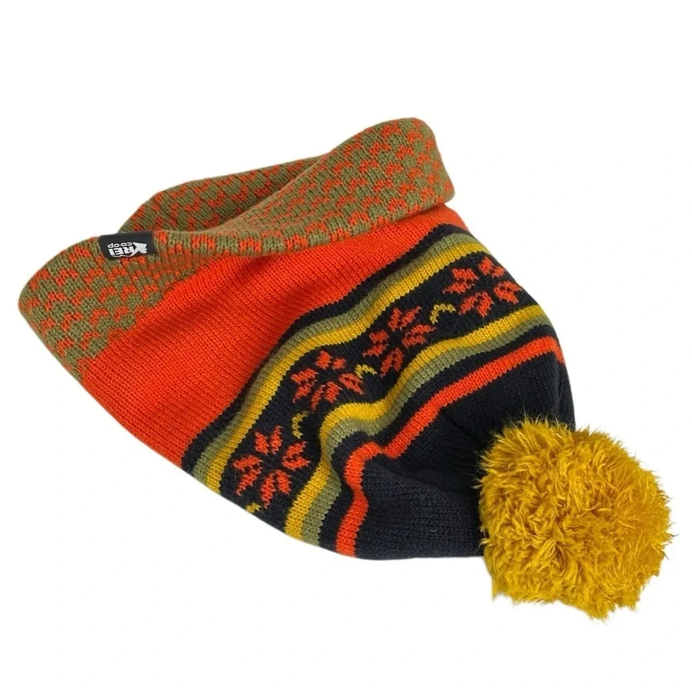 REI Co Op Kids L XL Fair Isle Poof Beanie Hat Orange Green Winter